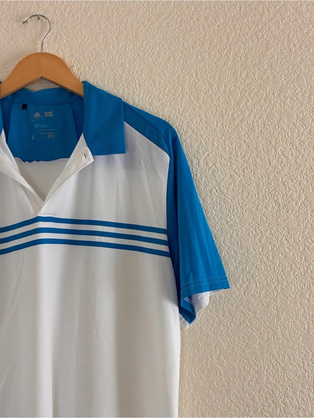 Adidas | Blue and white striped athletic short sleeve polo t-shirt size large